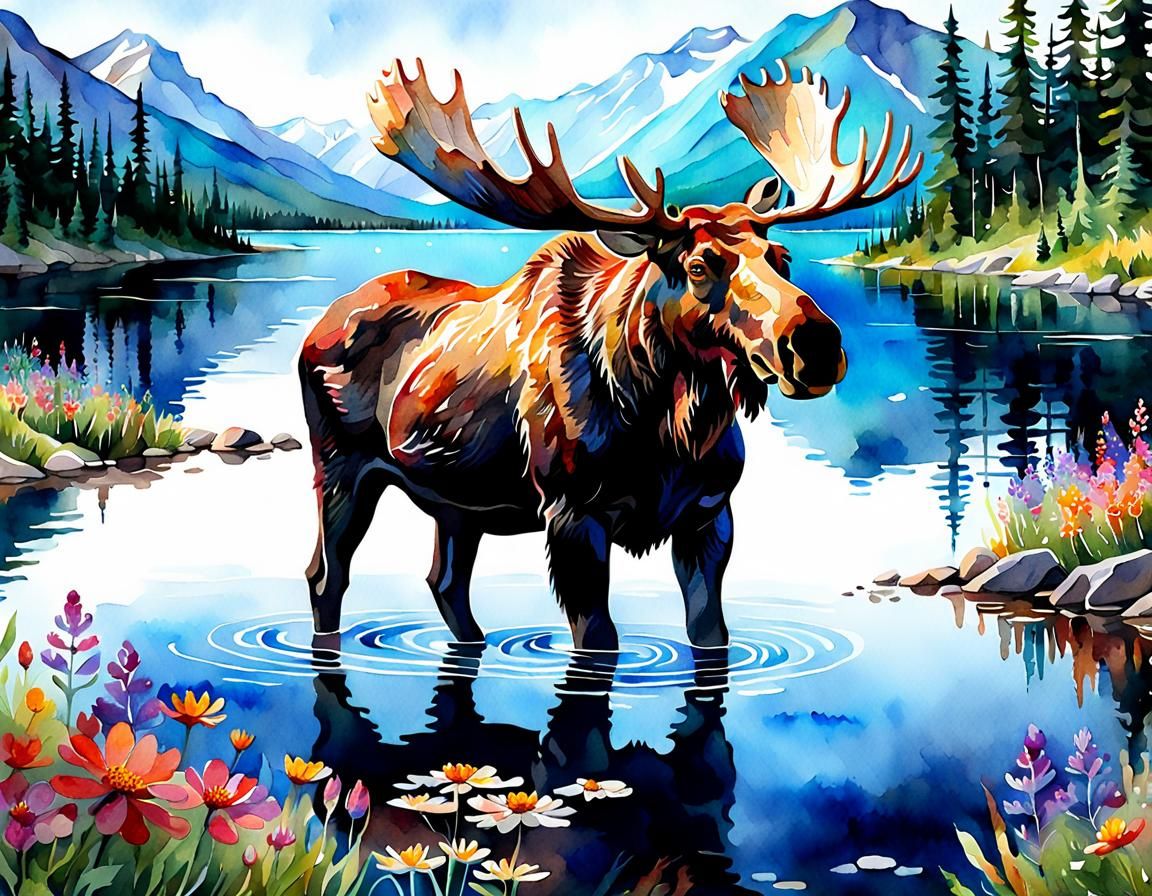Stylized Watercolor: Canadian Moose at Wildflower Lake
