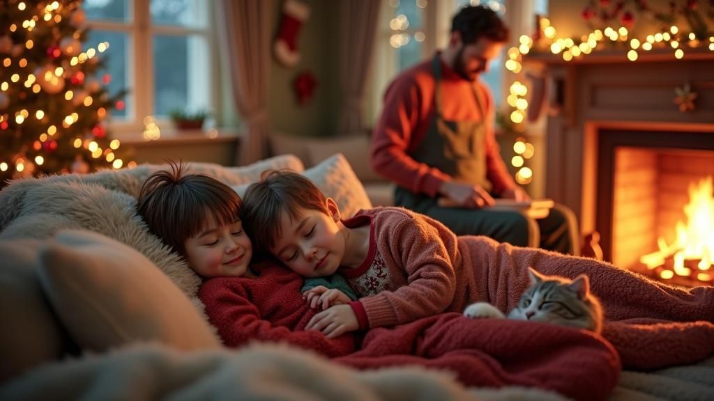 Cozy Christmas Scene with Sleeping Children and Baking Fathe...
