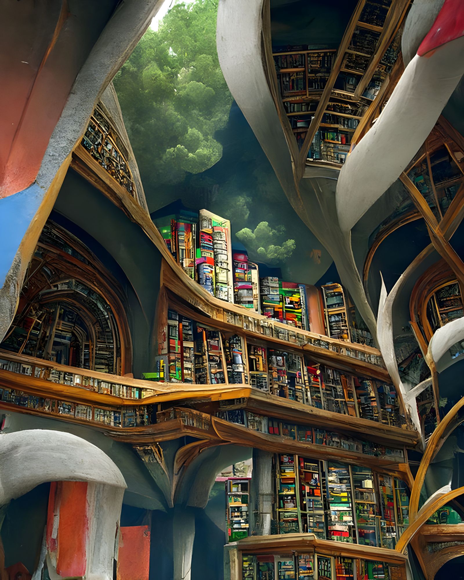 Epic Infinite Library Illustration in Hyperrealistic Style
