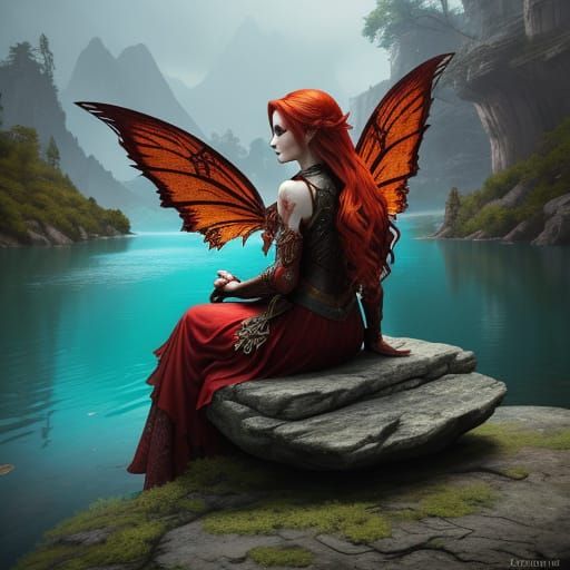 Red-Winged Faerie Contemplates Lakeside View