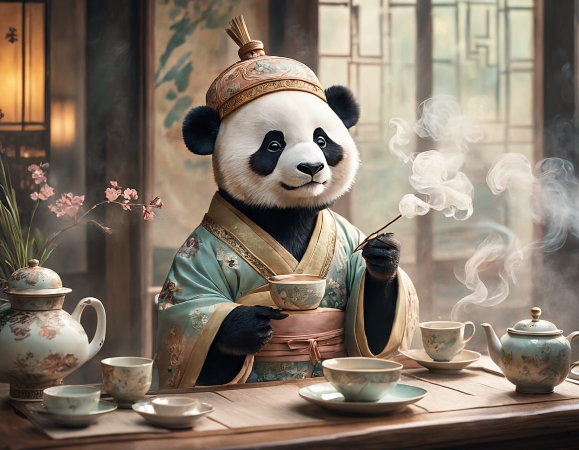 Mystical Panda in Luxurious Tea House Setting