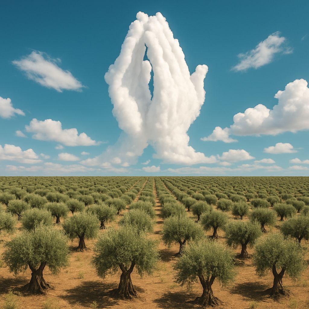 Olive Grove Under Praying Hand Clouds
