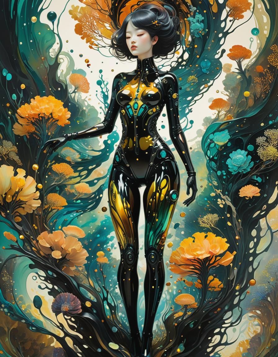 Glass Automaton in Liquid Ferrofluid Bodysuit