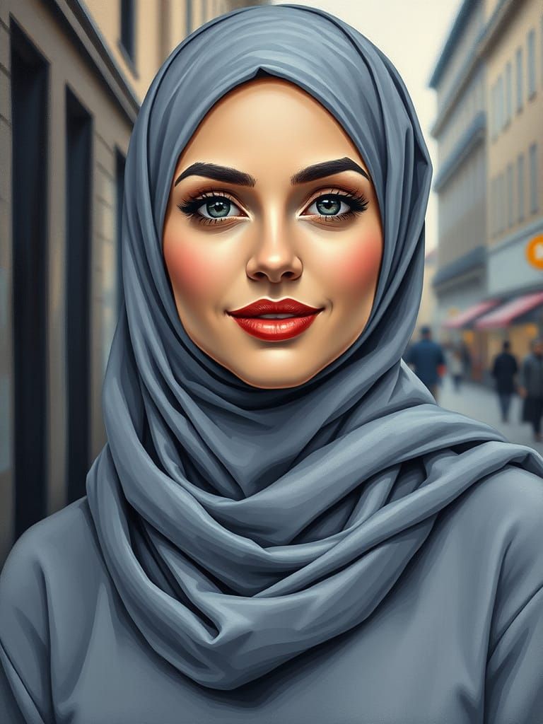 Beautiful Hijabi Woman in Modern City, Oil Painting