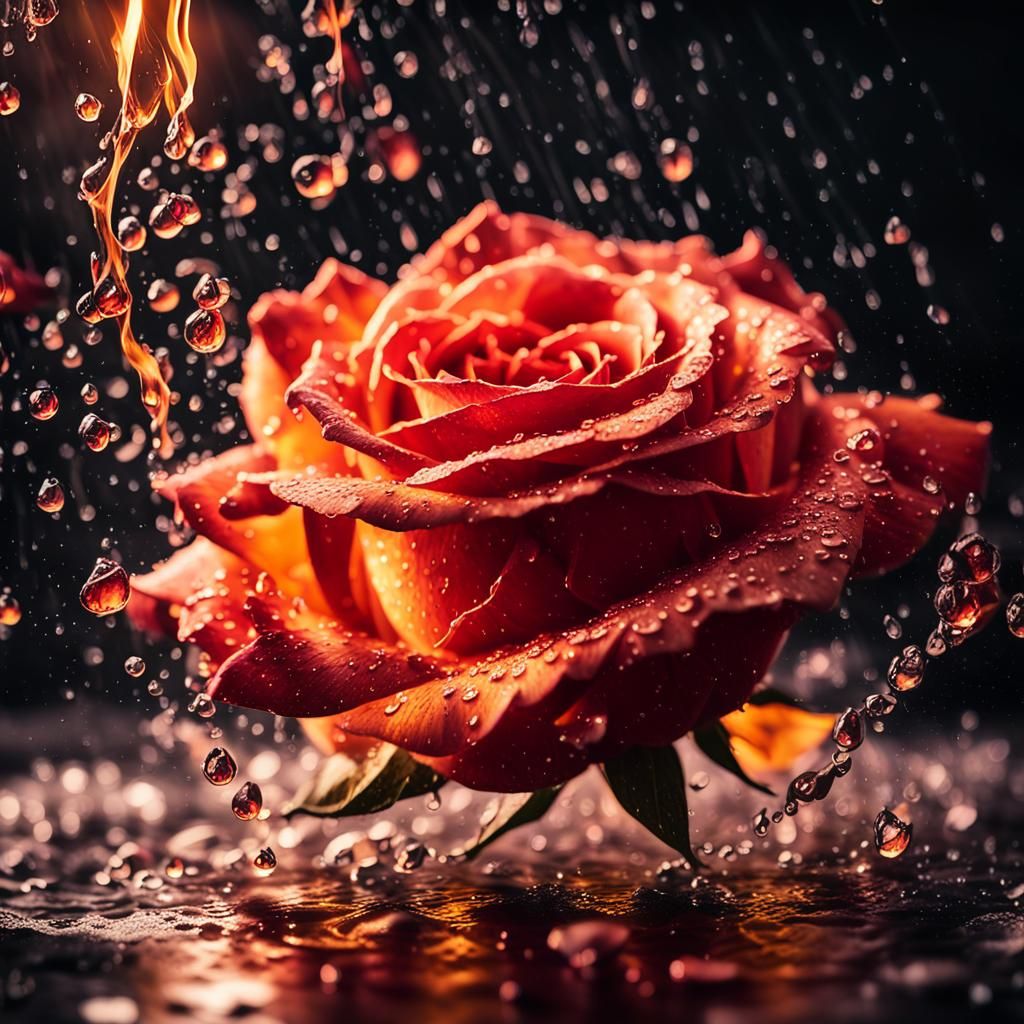 Rose Water and Fire in Hyperrealistic Photo