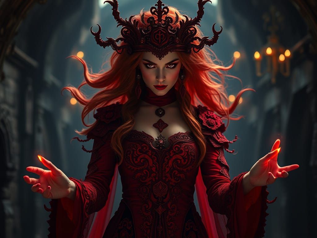 Elegant Red Lady Weaves Dark Magic in a Haunting 8K Dungeon....