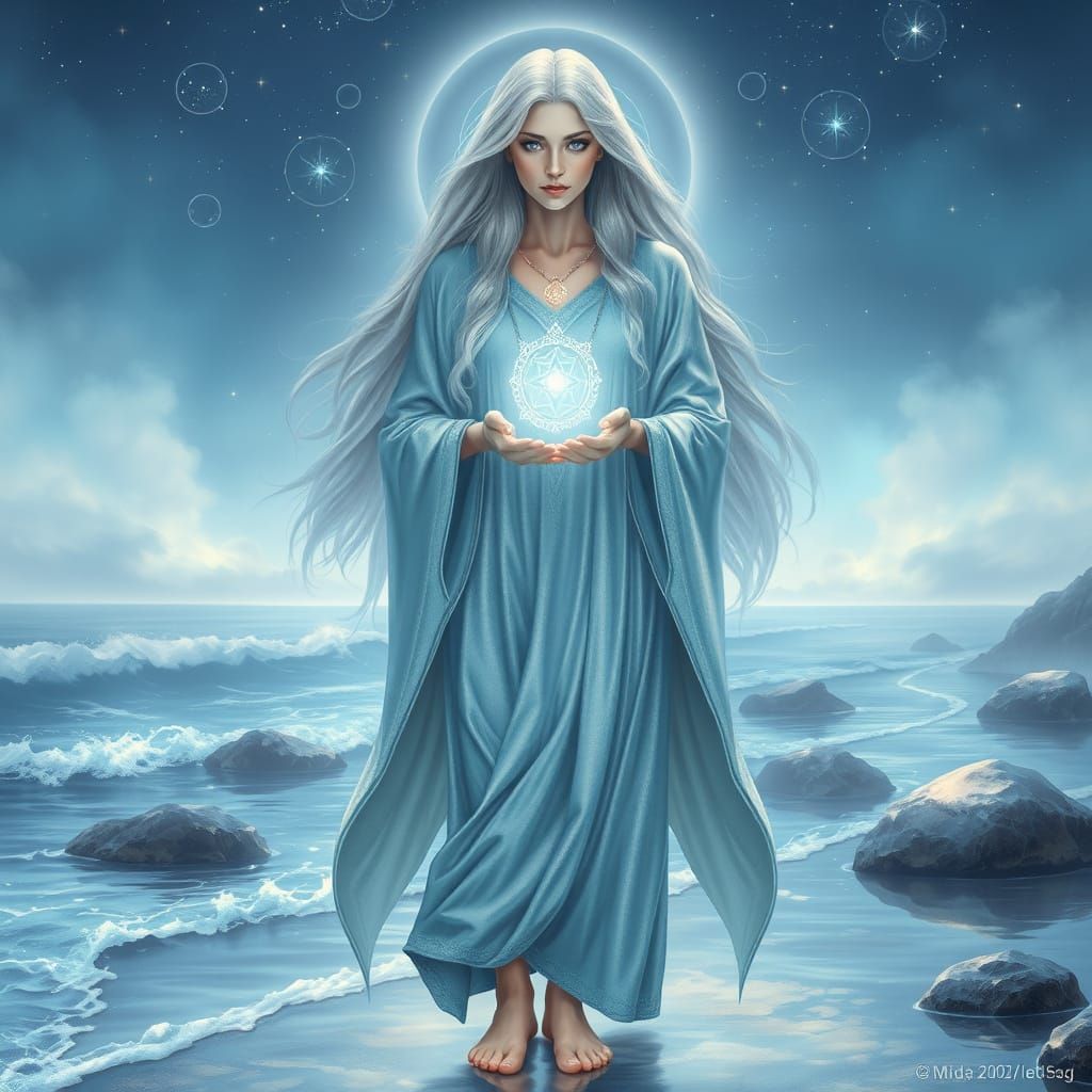 Lemurian Priestess Radiating Light on Crystal Shore