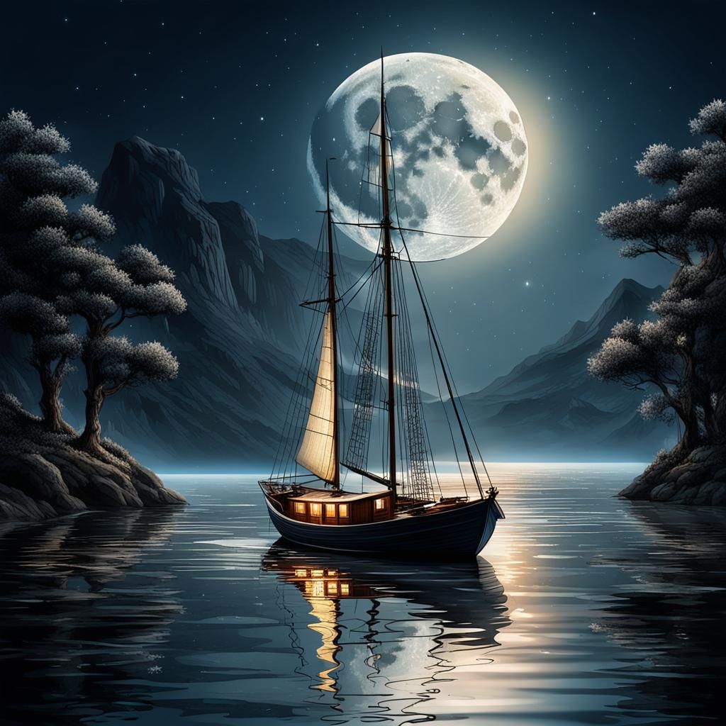 Moonlit Boat Voyage on Calm Waters
