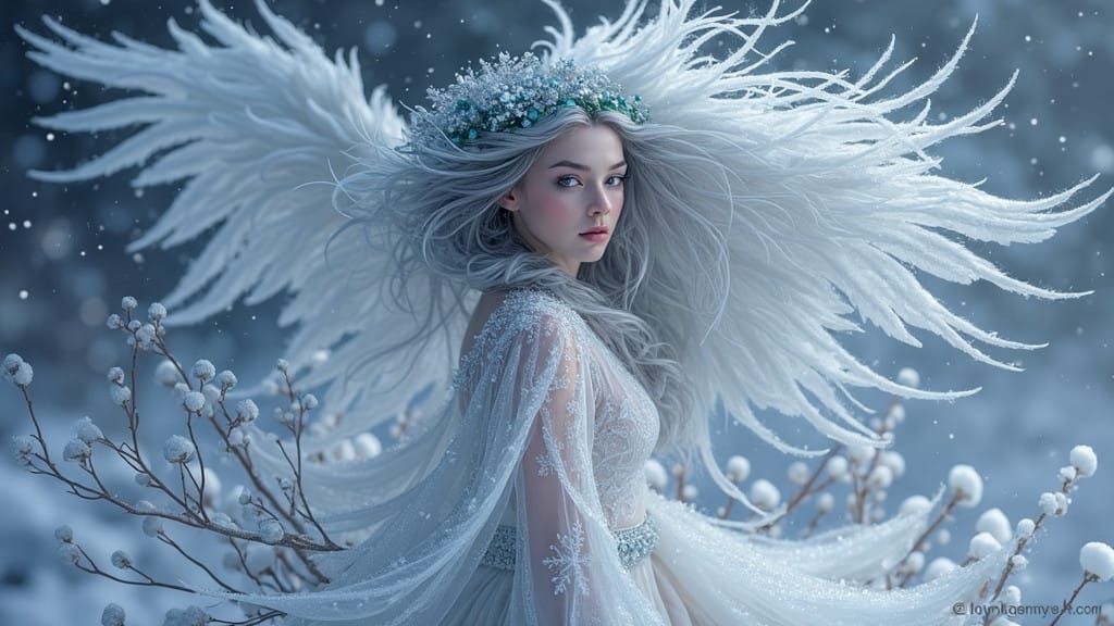 The winged snow nymph is a figure of ethereal beauty, embody...