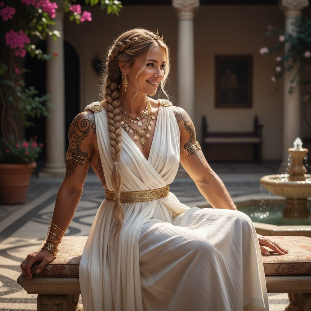 Relaxed Woman in Toga with Braided Blonde Hair