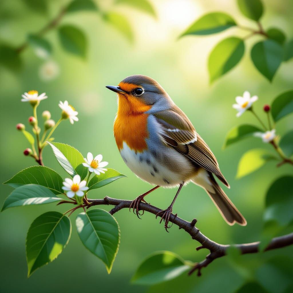 Vibrant Robin Perched on Branch in Dappled Sunlight