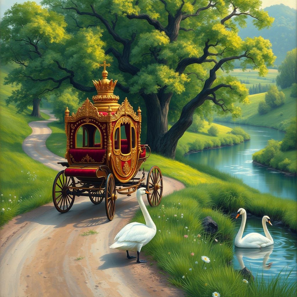 Royal Carriage Amidst Emerald Landscape and Tranquil River