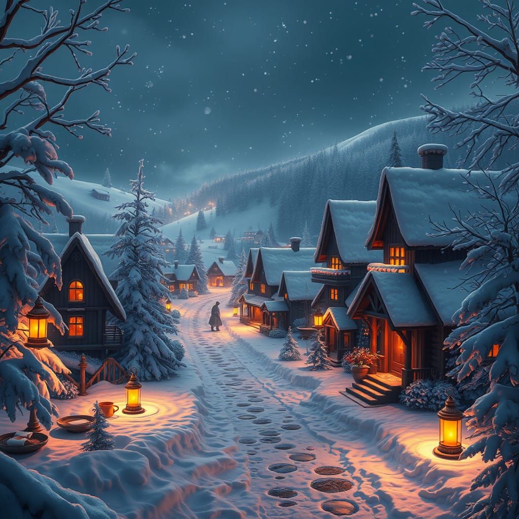 Ethereal Snowy Village Under Starry Christmas Skies
