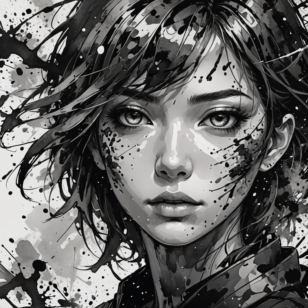 Dramatic Ink Splatter Portrait in Anime Style