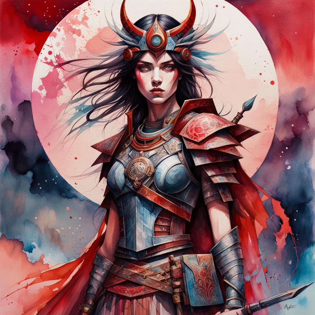 Bloodmoon Warrior in Watercolor Cubist Style
