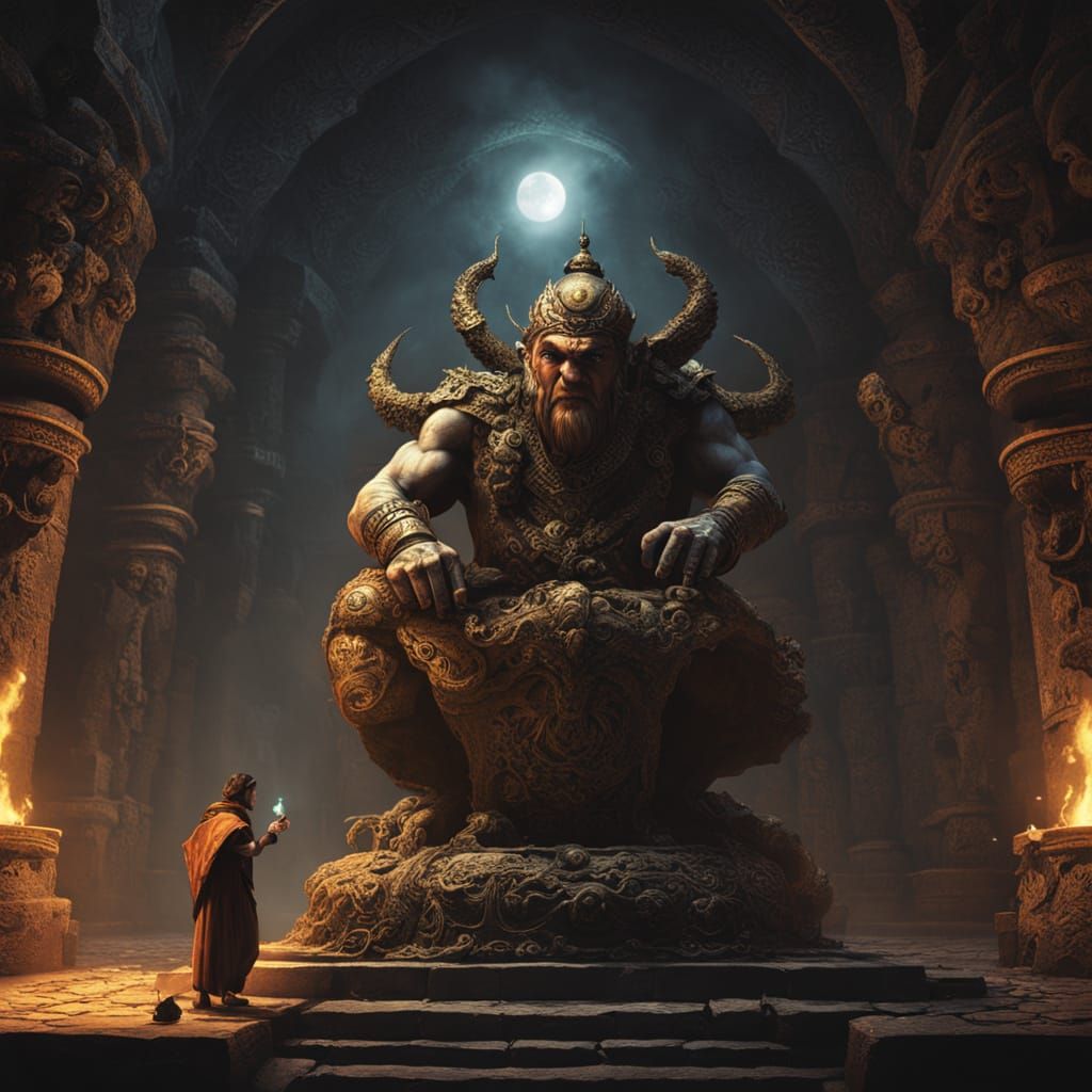 Man Rubs Magic Lamp, Genie Emerges in Fantasy Art Style