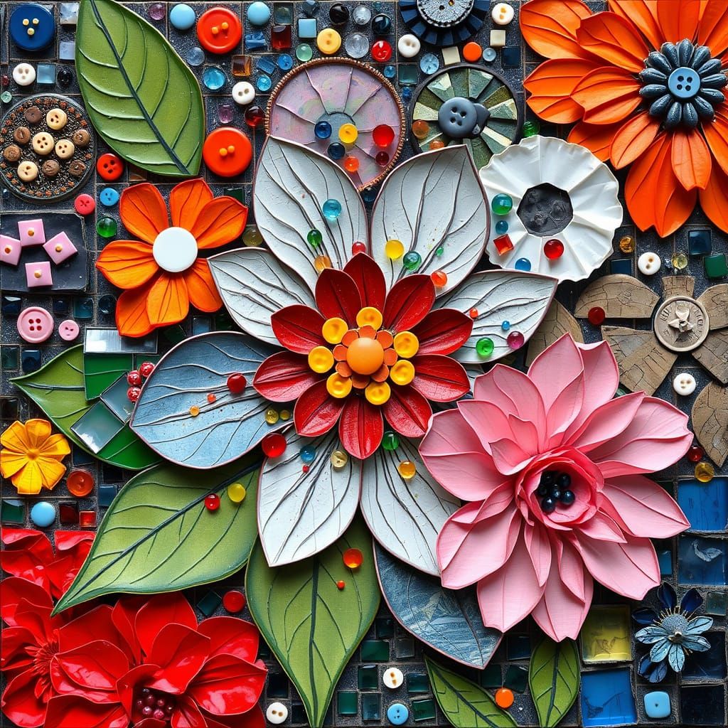 Floral Mosaic Art in Mixed Media Style