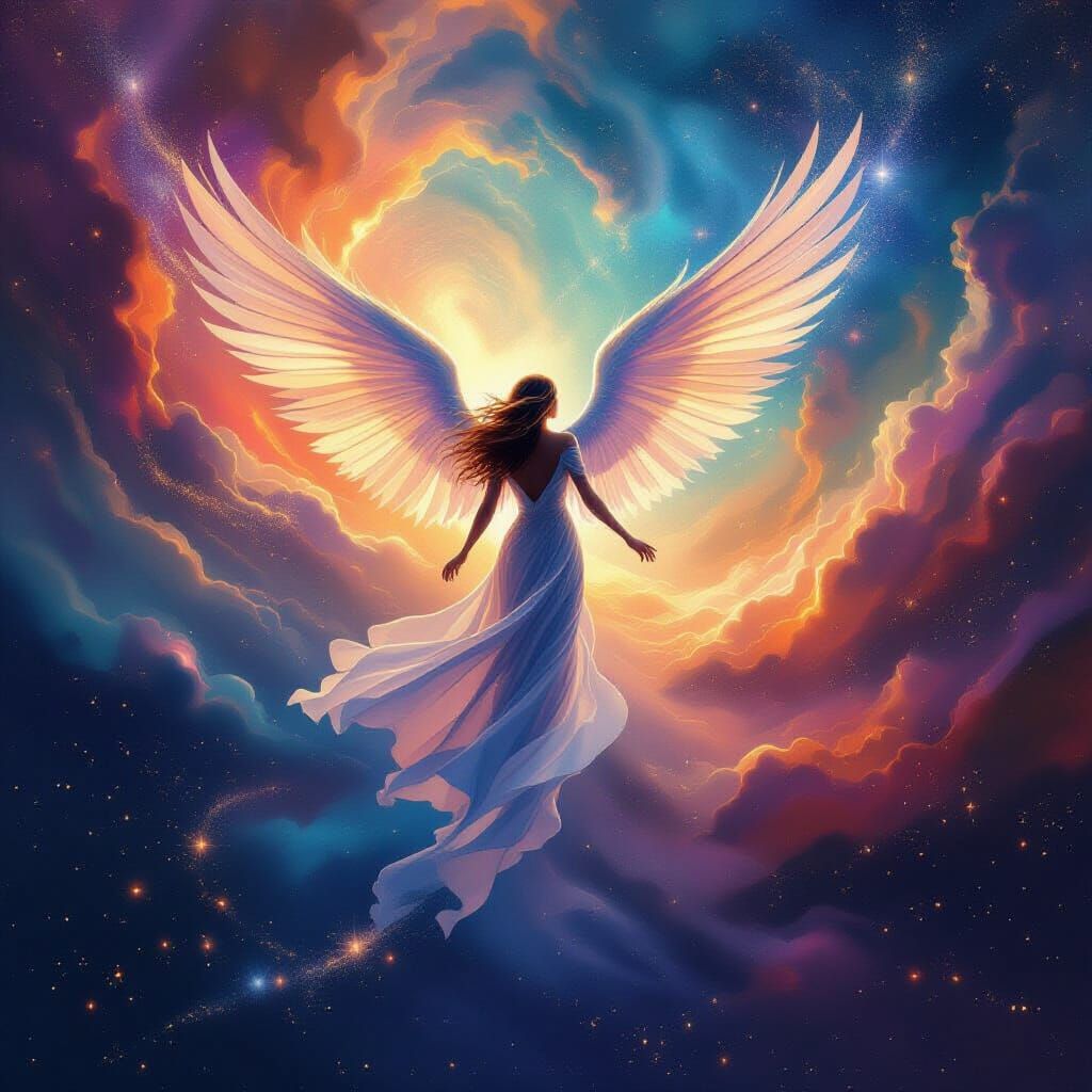 Ethereal Angel Ascending into Vibrant Cosmic Galaxy