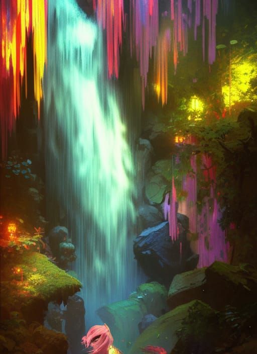 Colorful Waterfall Scene with Dynamic Lighting