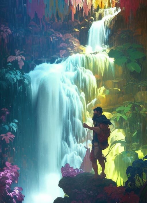 Colorful Waterfall Scene with Dynamic Lighting