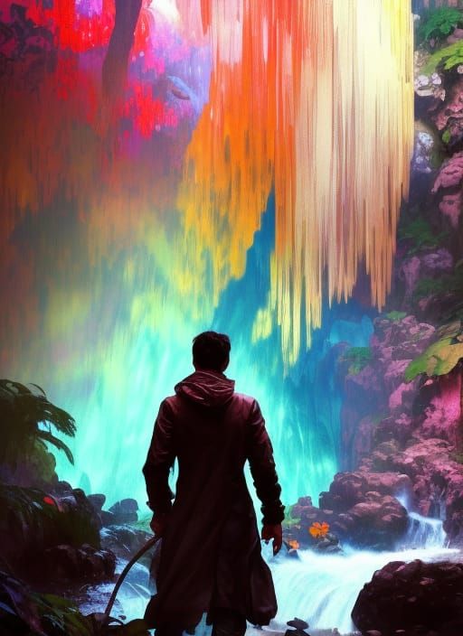 Colorful Waterfall Scene with Gloomy Figure