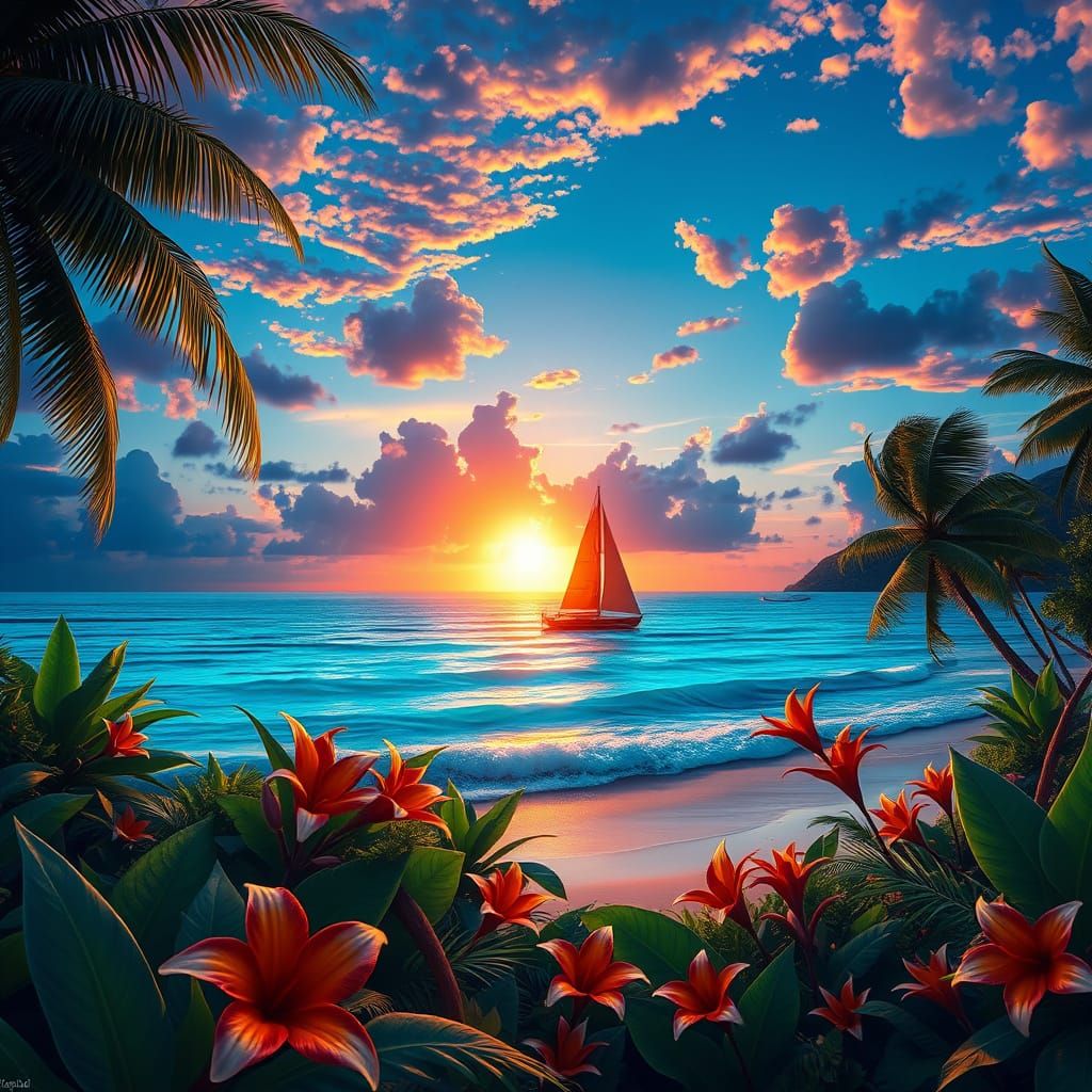 Hyperrealistic Tropical Beachscape at Dusk