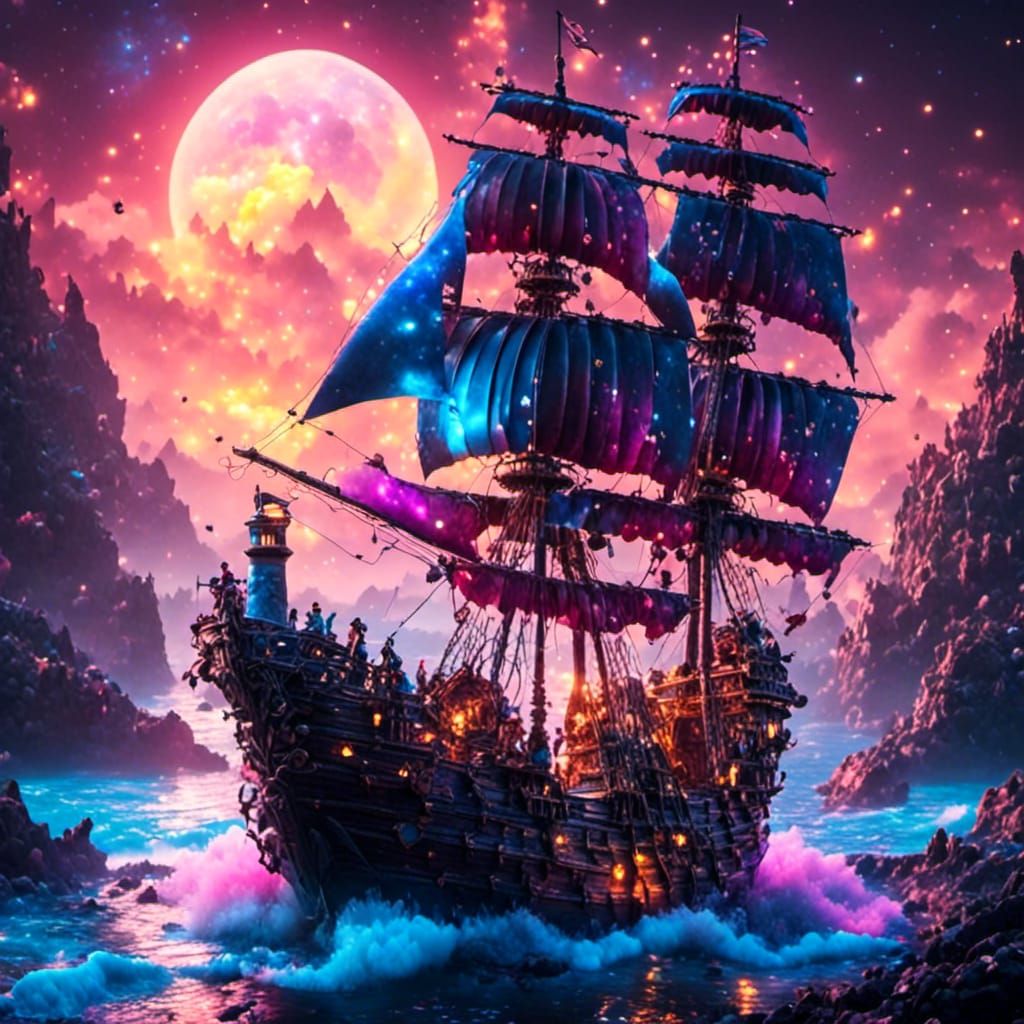 Kitten Pirate Sails Rainbow Ship near Lighthouse