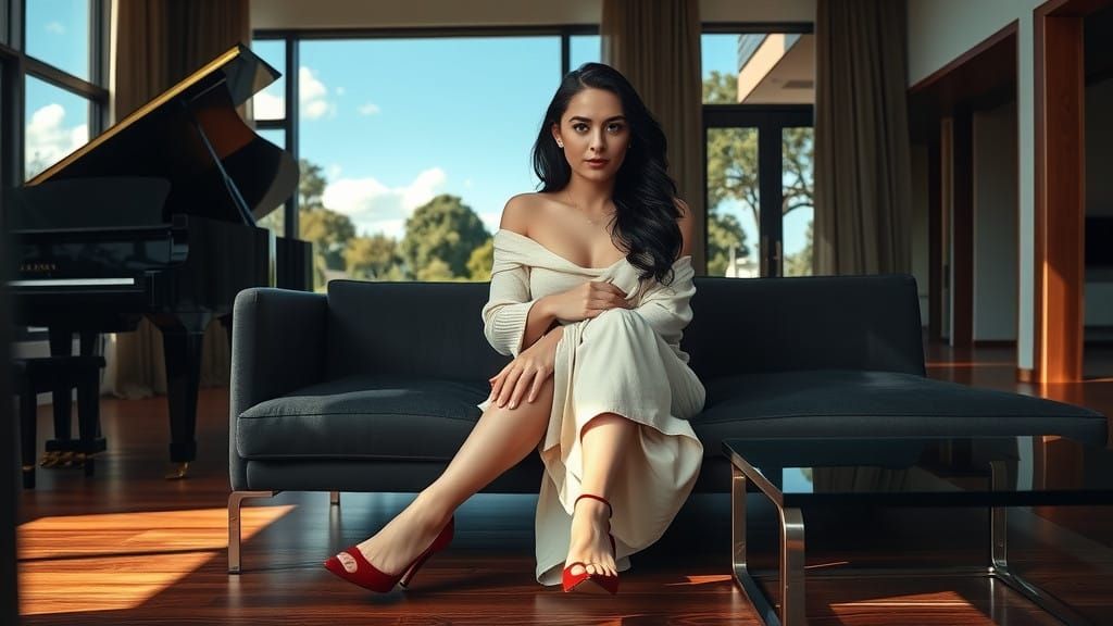 Elegant Woman Relaxing in Modern Luxurious Living Room