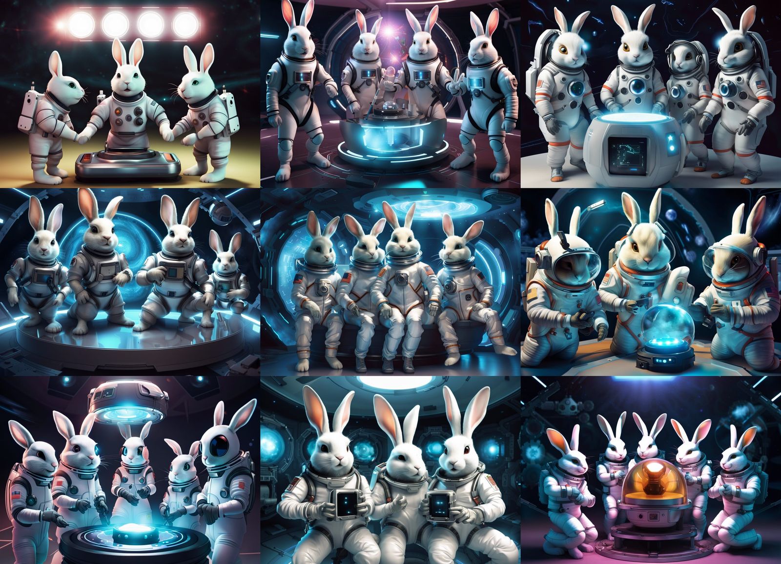 Rabbits in Space Suits with Hologram Device