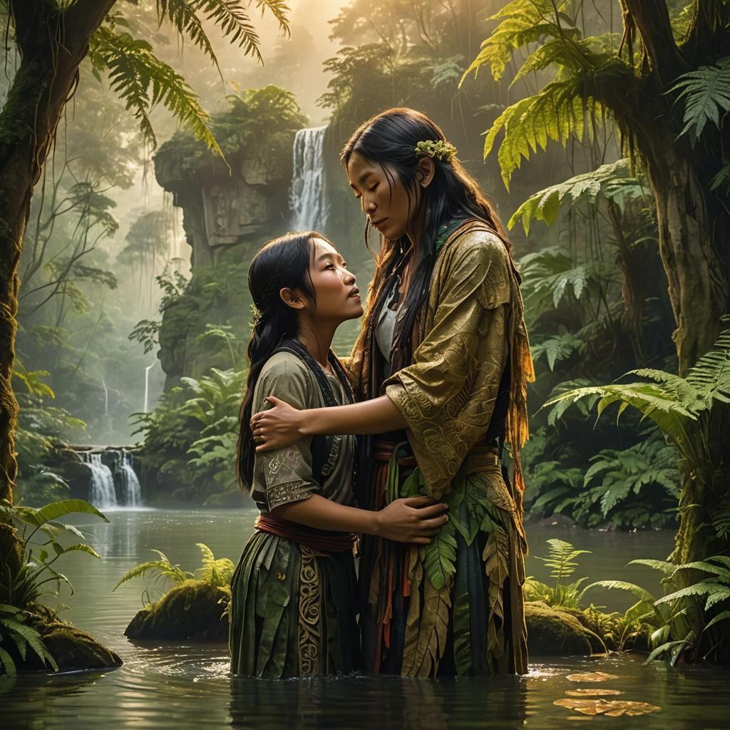 Woman and Girl by Misty Lake in Dreamlike Realism