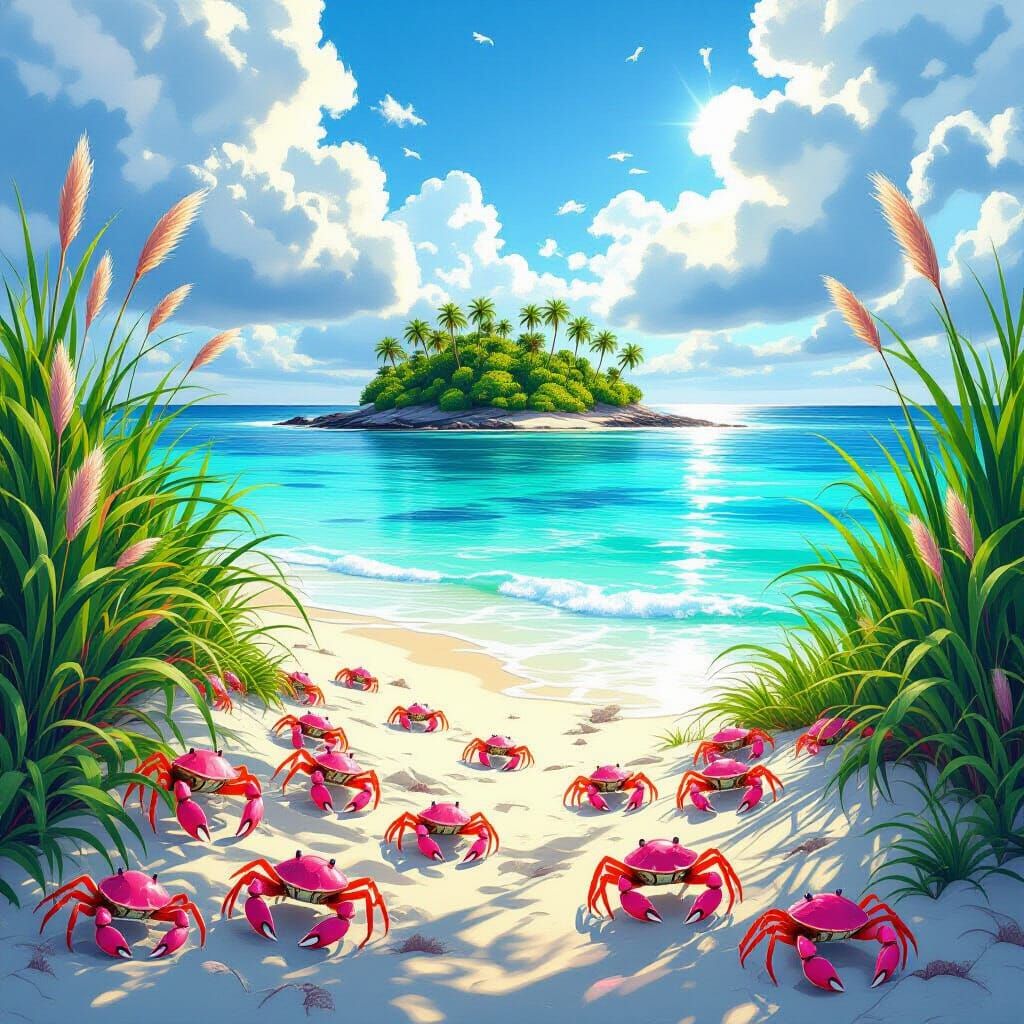 Tropical Island Beach with Pink Crabs and Seas Grass