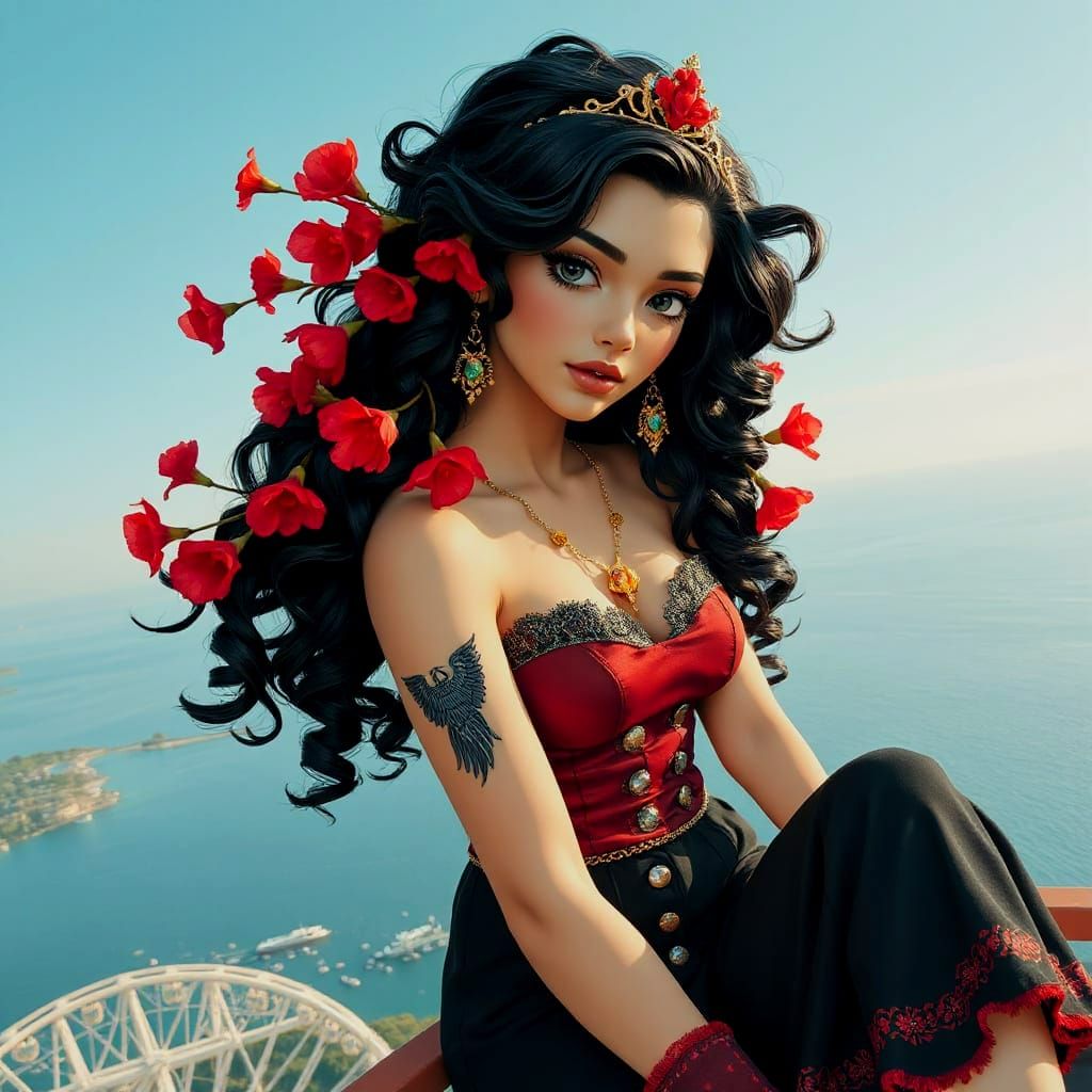 Rebel Princess in Elegant Ferris Wheel Pose with Ocean View