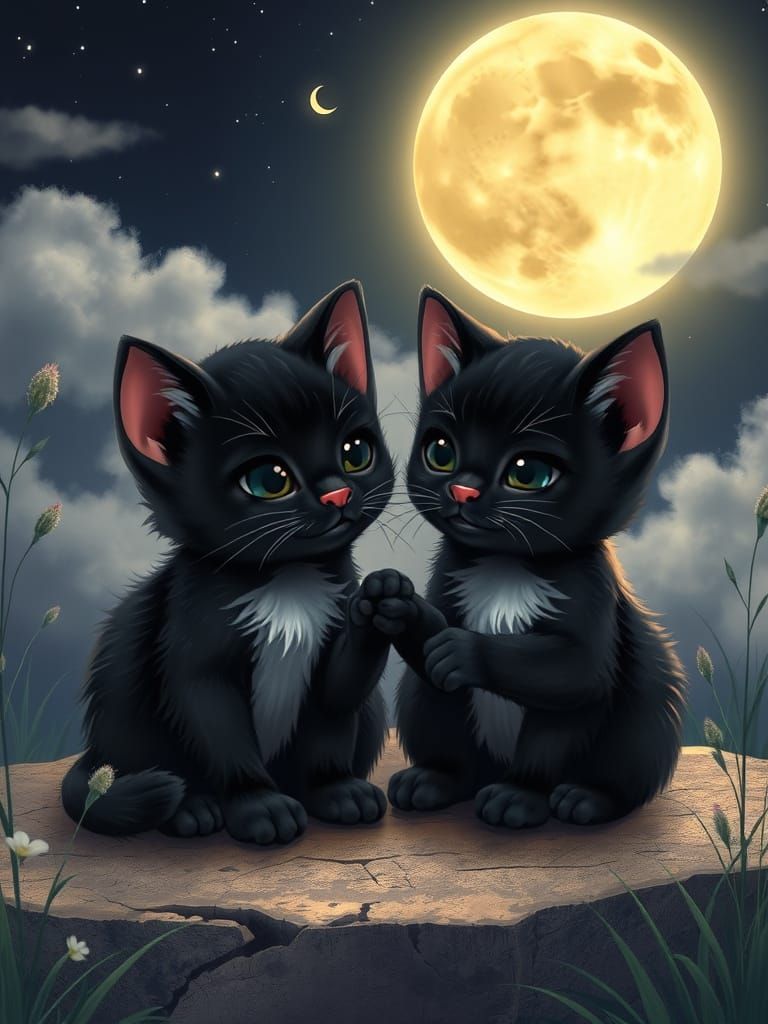 Mystical Black Kittens Under Lunar Glow