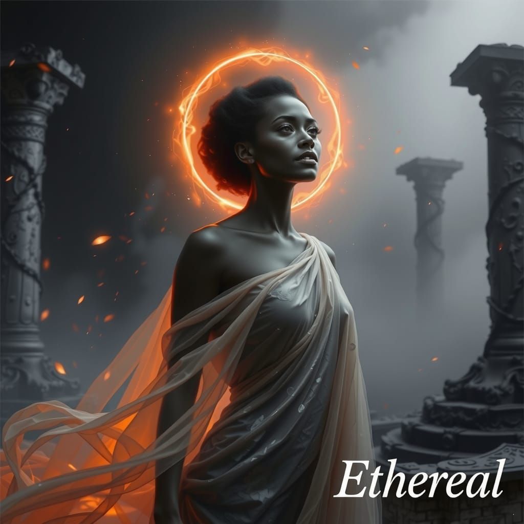 Ethereal Woman Portrait with Halo in Grayscale