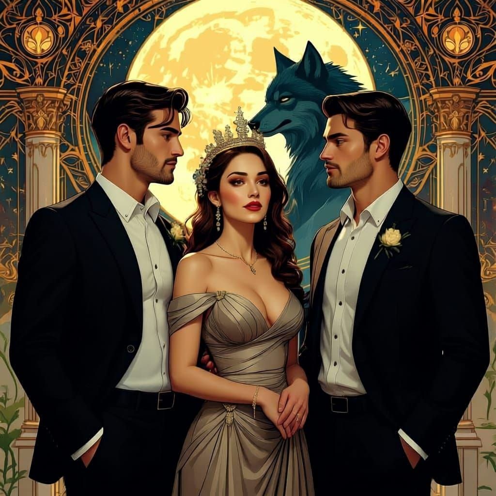 Elegant Woman with Admirers in Alphonse Mucha Style