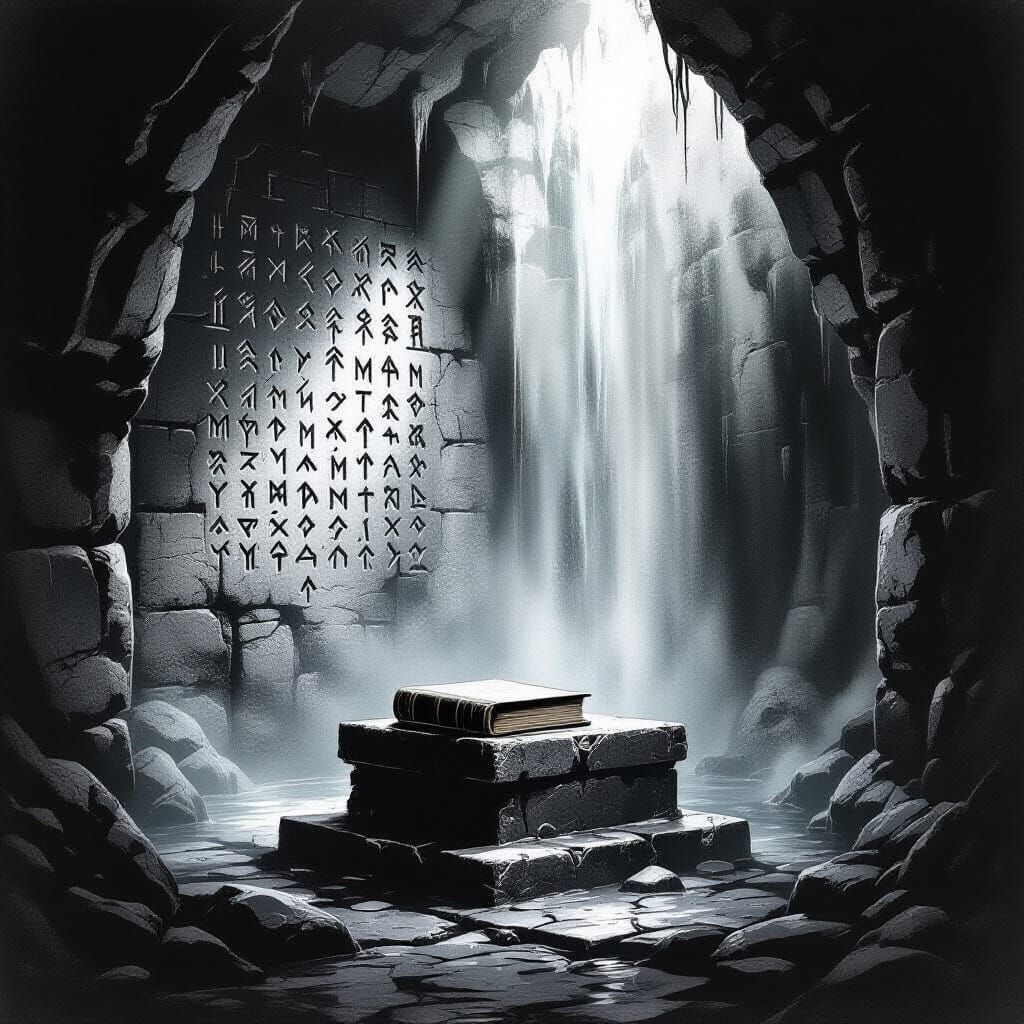 Secret Waterfall Chamber in Charcoal Sketch Style