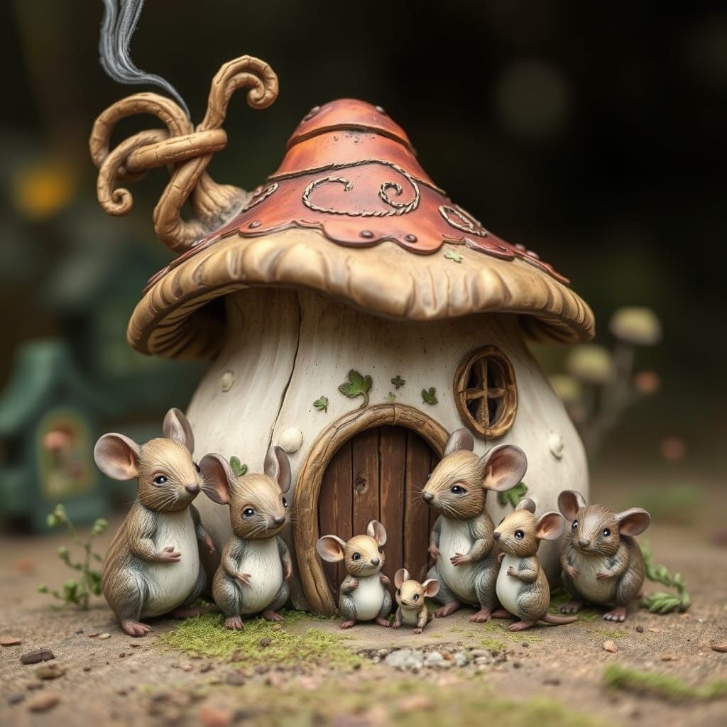 Mouse Family at Mushroom House, Fairy-Tale Illustration