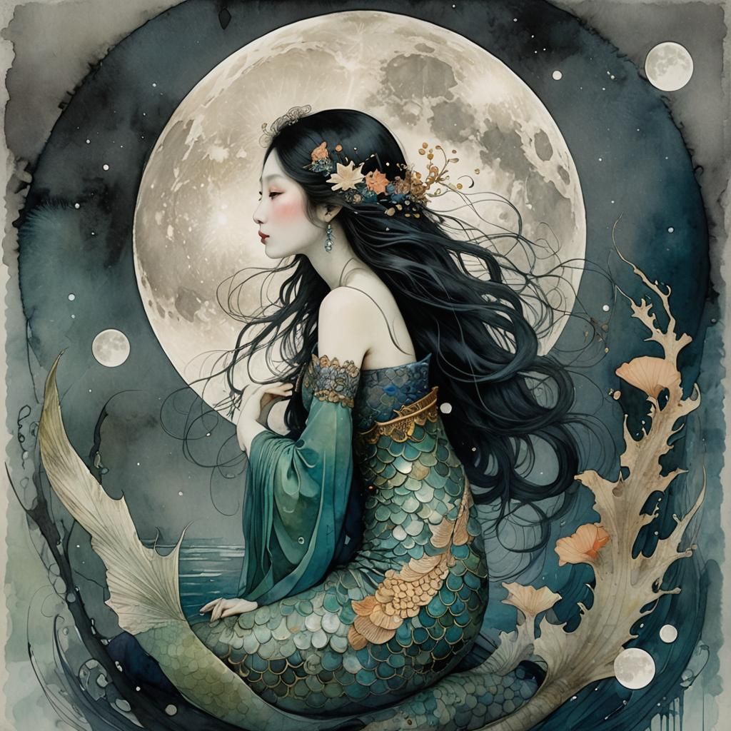 Mystical Asian Mermaid Under Full Moon