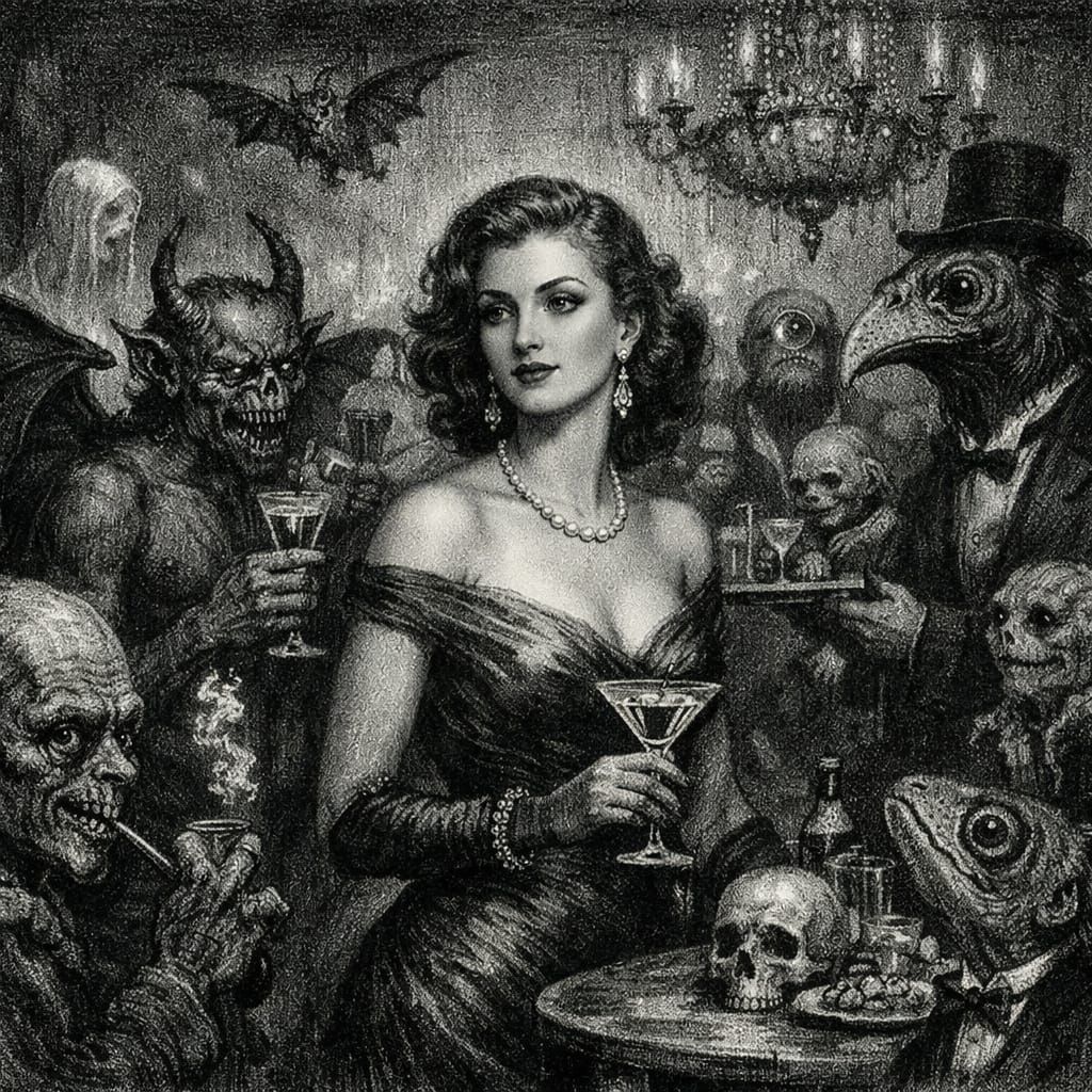 Surreal Movie Star at Cocktail Party with Strange Creatures