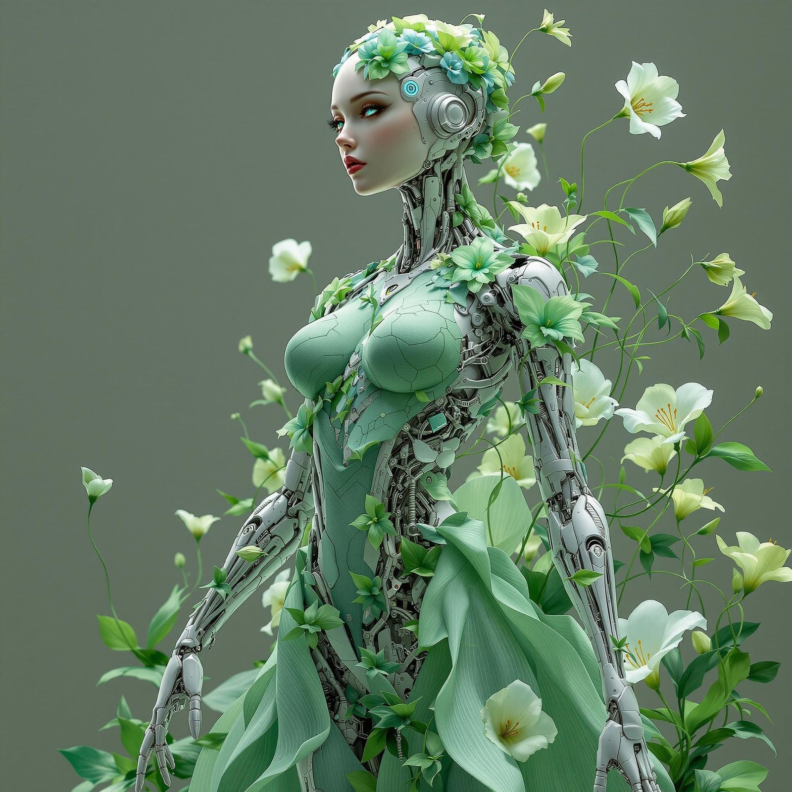 Beautiful Robot Lady in Green Dress: Futuristic Portrait