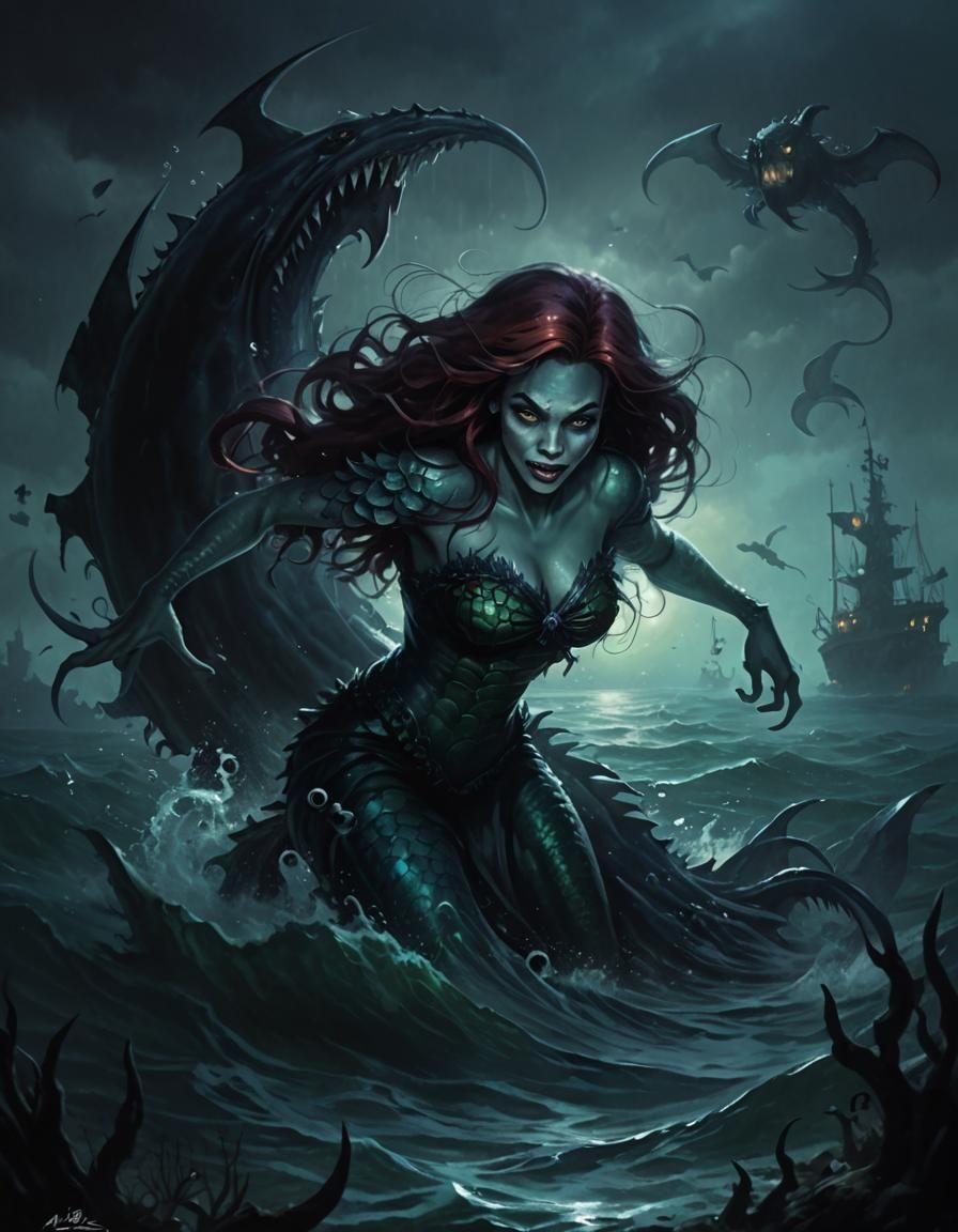 Evil Zombie Arielle as Sea Monster in Disney Style