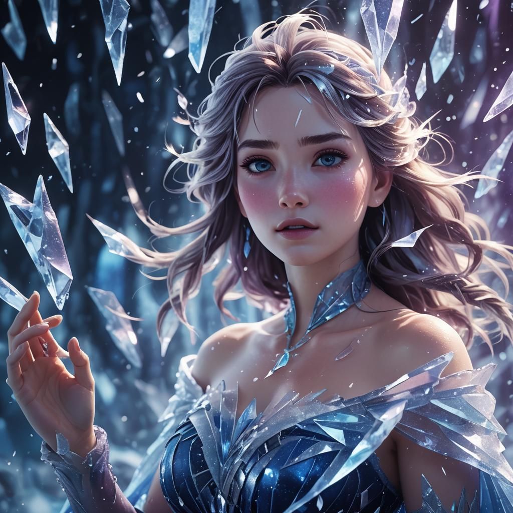 Frozen Woman in Ice Shards: 3D Anime Art