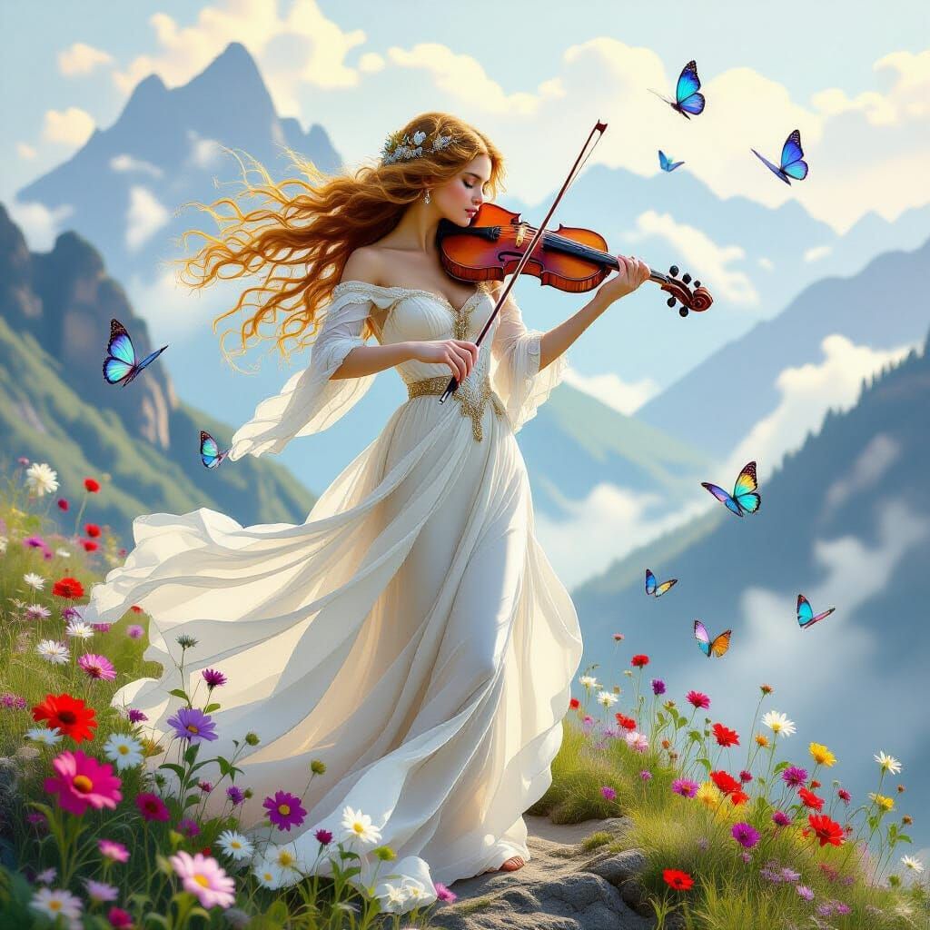 Woman Violinist on Misty Mountaintop in Art Nouveau Style