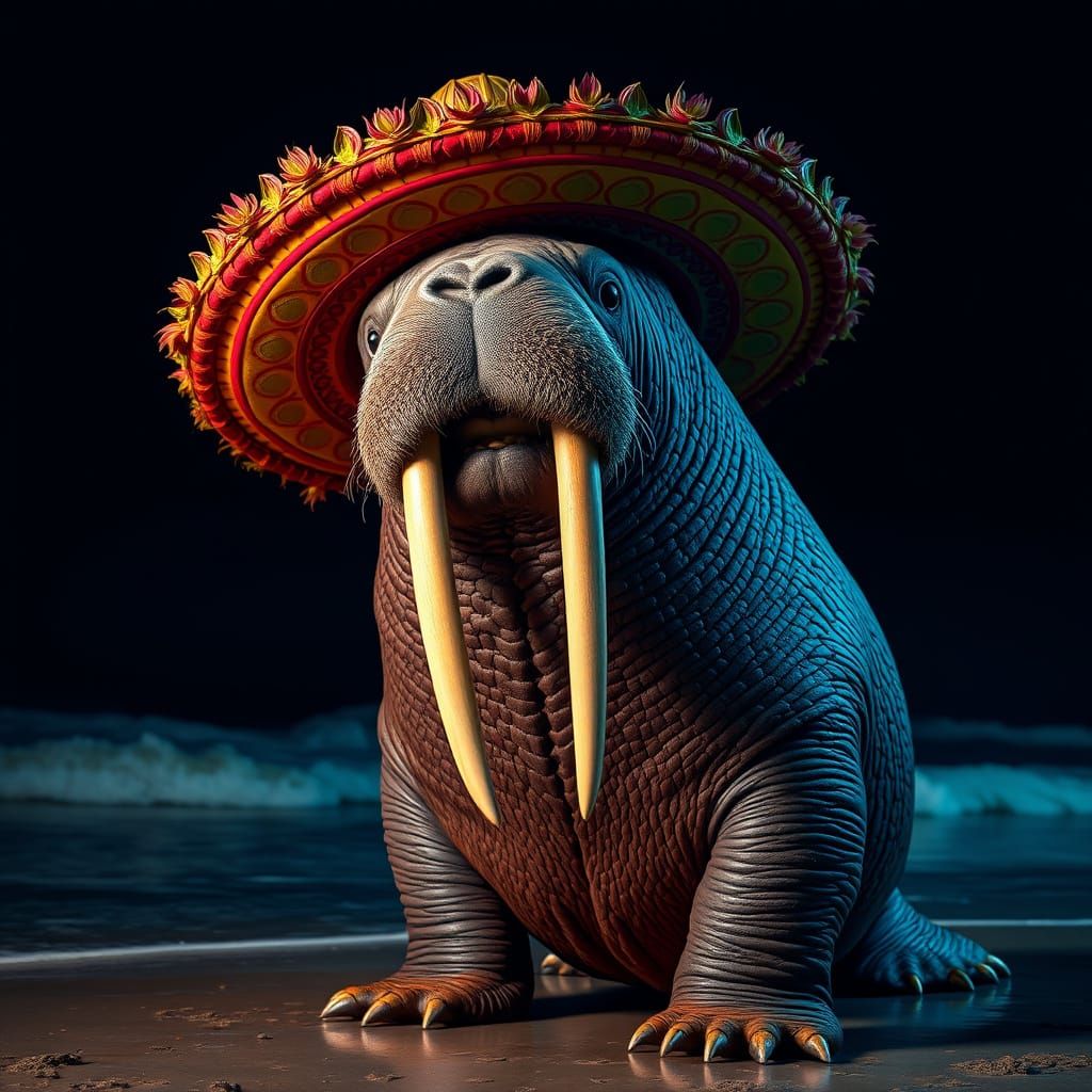Walrus in Sombrero on Ocean Shore