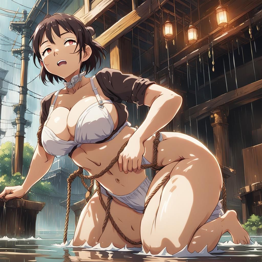 Rain-Soaked Anime Woman in Ghibli Style