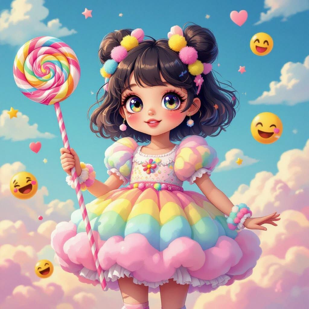 Whimsical Girl with Candy Eyes and Lollipop Staff