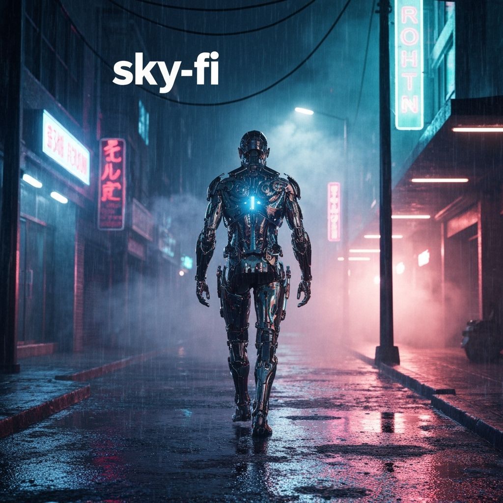 Dystopian Cybernetic Figure on Neon-Lit Rainy Street