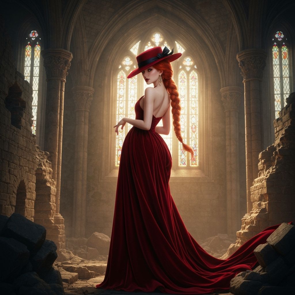 Woman in Red Gown Amidst Castle Ruins