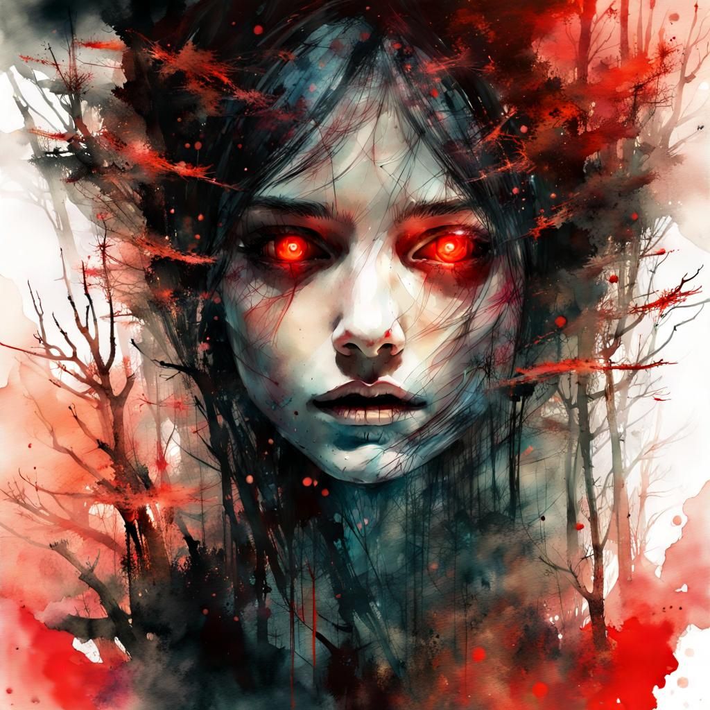 Ethereal Ghost in Forest, Digital Watercolor Art