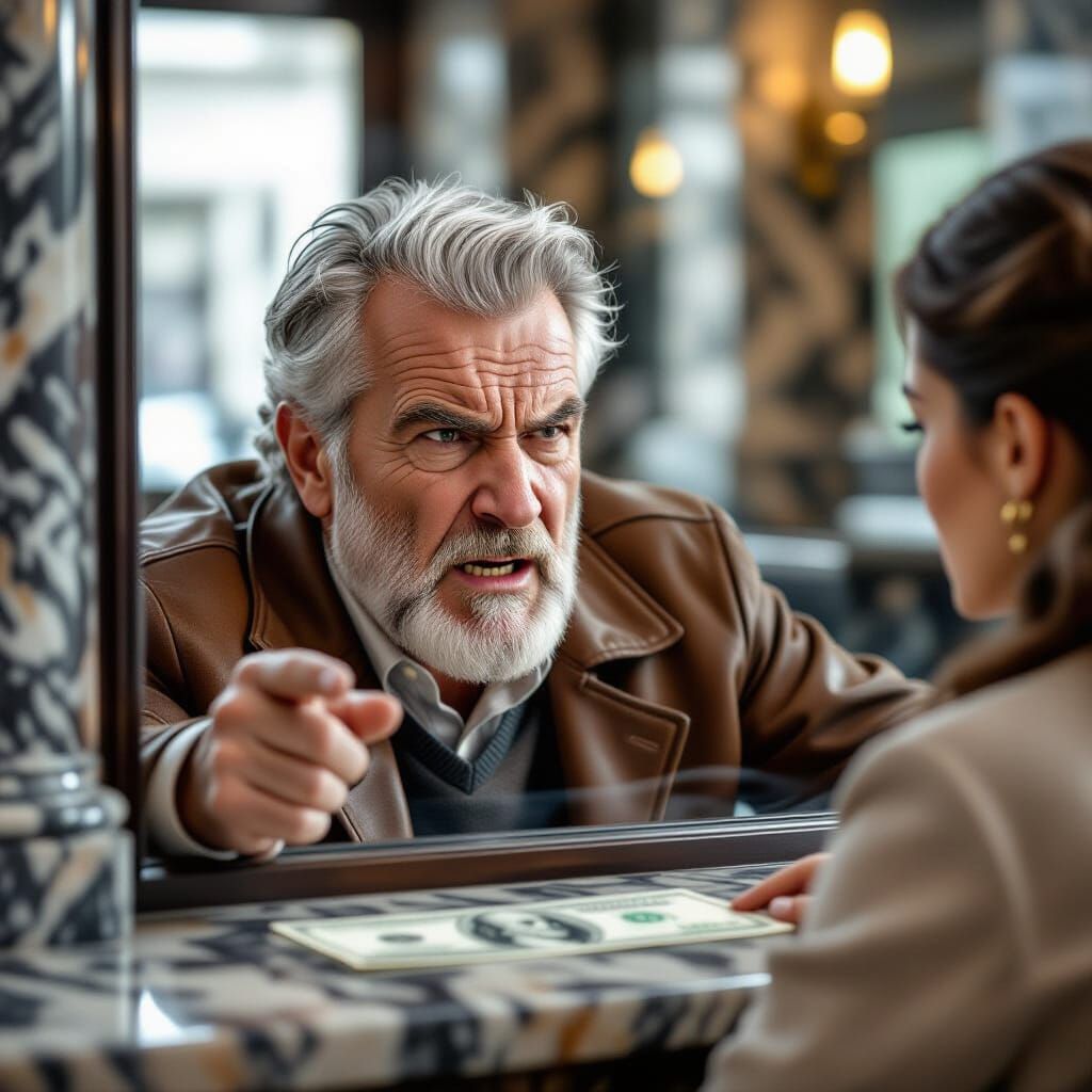 Older gentleman arguing with the bank, his imaginary friend